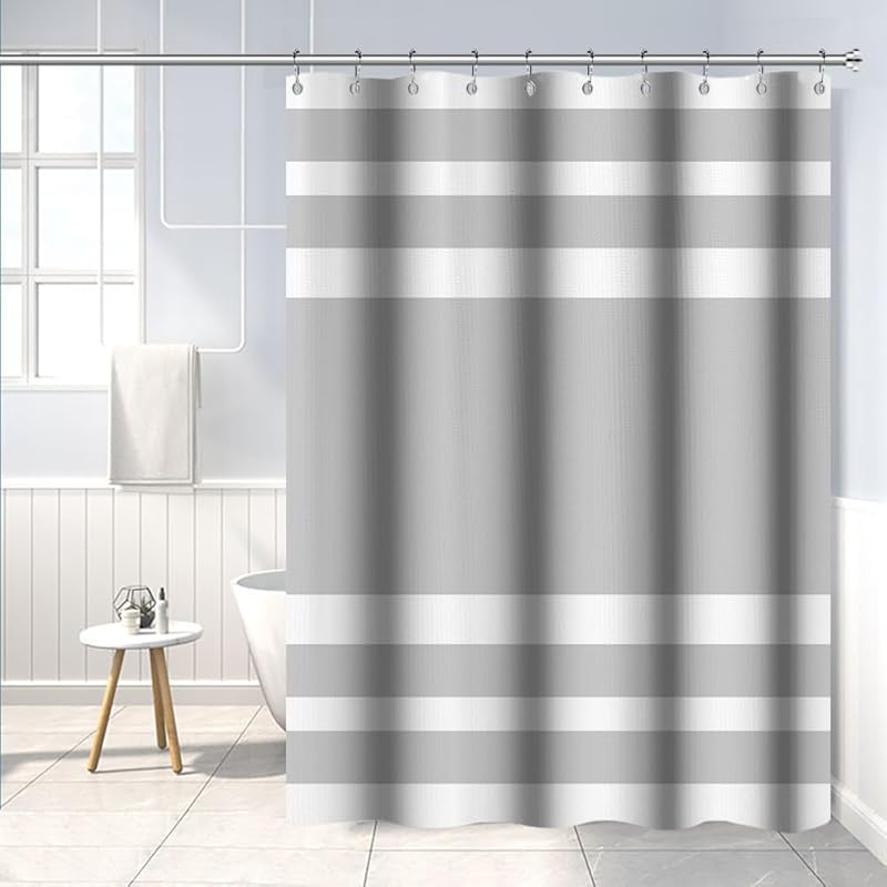 White Navy Blue Shower Curtain for Bathroom 72x72inches Boho Navy Blue and White Striped Waffle Shower Curtain Set with Hooks Bohemia Geometric