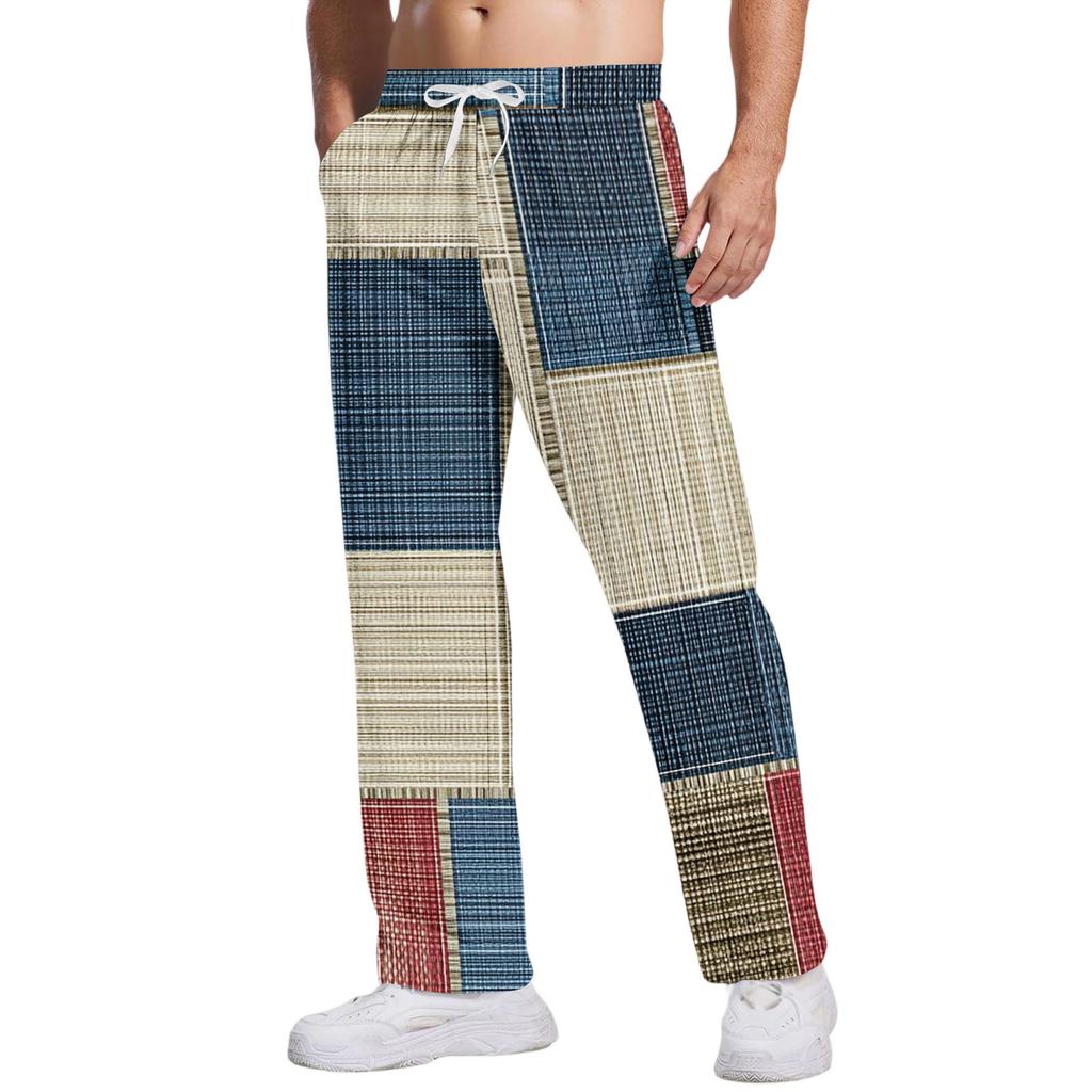 Men's Casual Pants With Pockets | Stripe Checkered Printed, Loose Straight Leg, Elastic Waist With Drawstring For Daily & Casual Wear