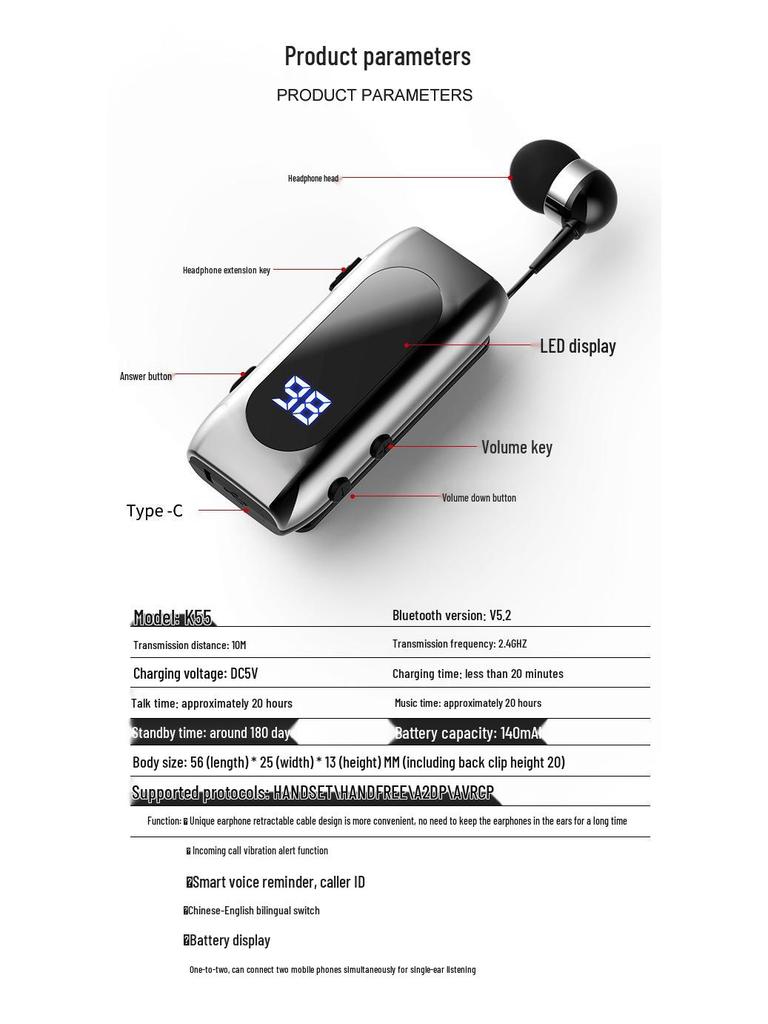 Bluetooth Wired Headset with Ultra-Long Battery, Single Ear, In-Ear Design, Vibration Alert, and Retractable for Business Calls.