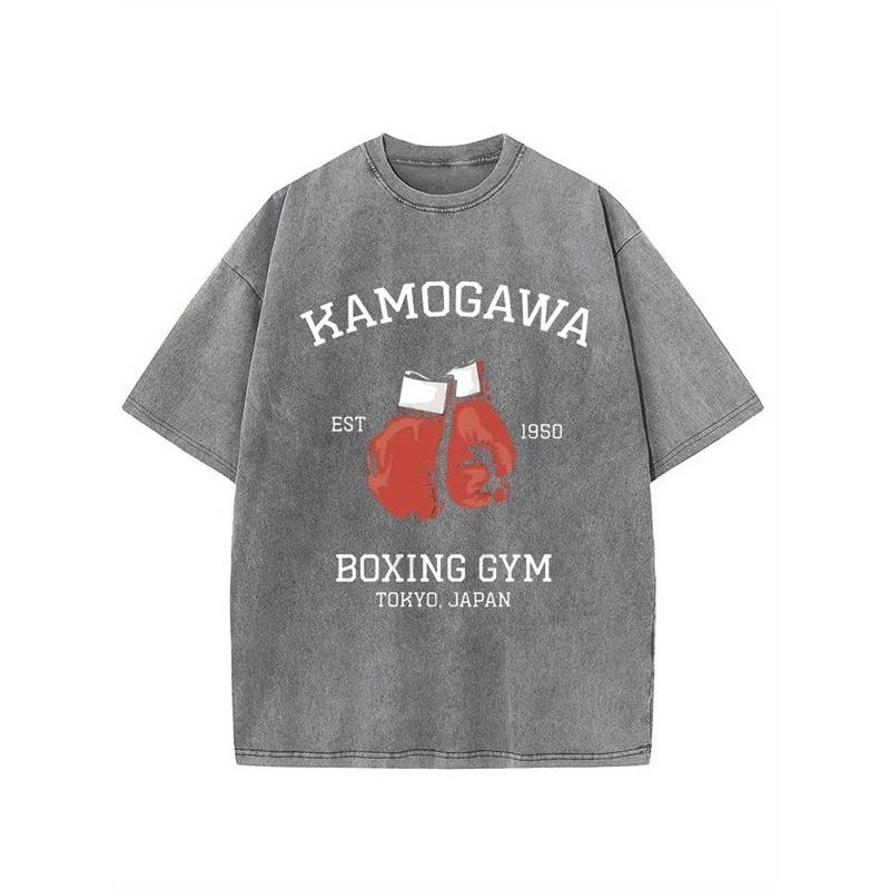Vintage Style Boxing Pattern Pure Cotton for Enthusiasts Kamogawa Est 1937 Tokyo Japan Design, Casual Loose Fit, Short Sleeve, Round Neck