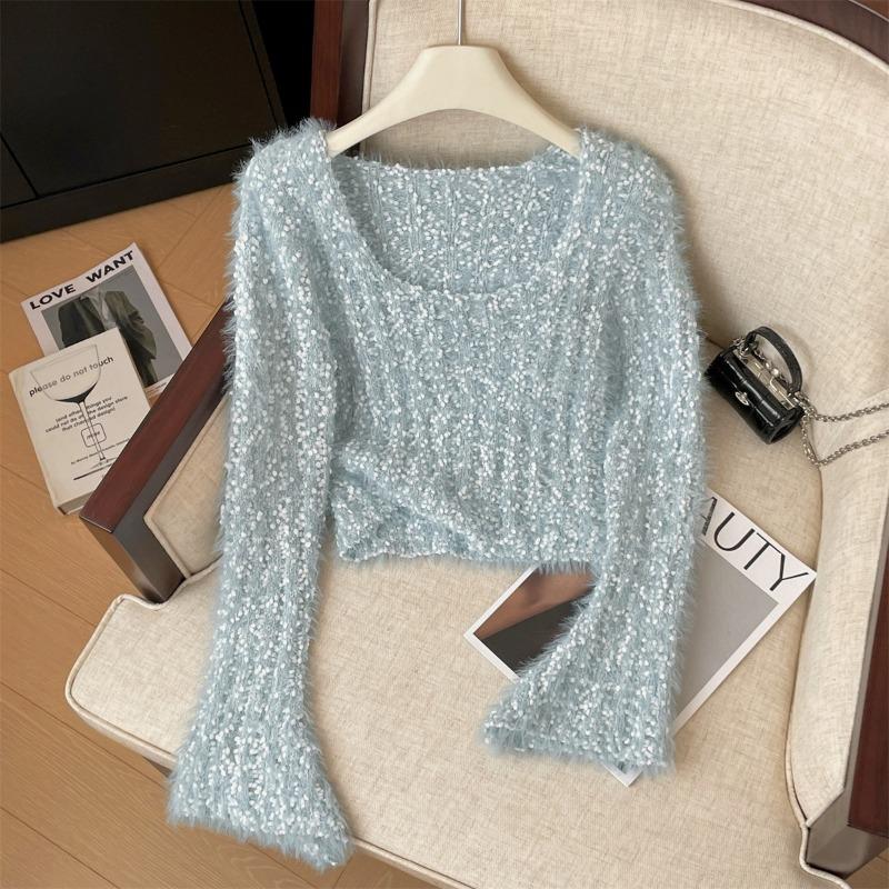 Helllila fauler Wind weicher wachsartiger Pullover Damen Herbst und Winter vielseitig neu plüschig klein kurz gestrickter Pullover Top