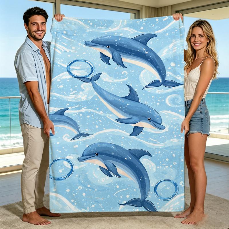 Cartoon Ocean Dolphin Wave Throw Blanket Balcony Patio Reading Nook Warm Blanket Guest Den Living Room Office Presents