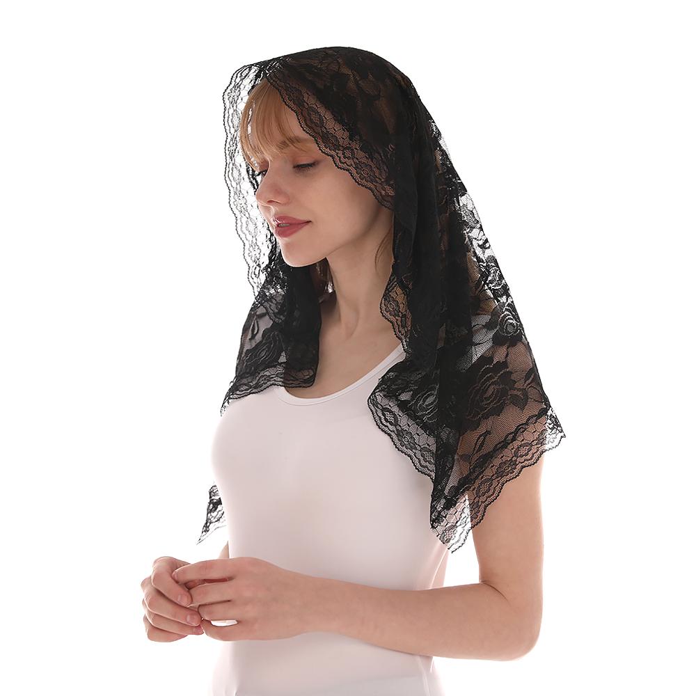 Embroidered Scarf for Church Shawl with Spanish Fringes Christian Veil Spanish Mantilla Lace Shawl Floral Women Handkerchief