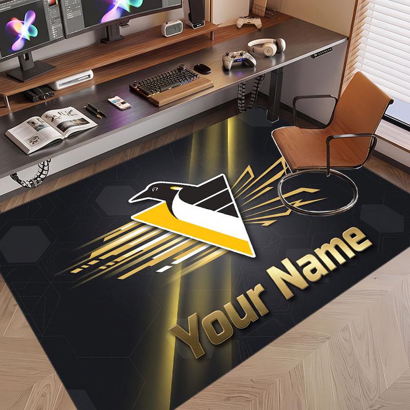 Custom Rug Pittsburgh Penguins Pattern Print Name Text Soft Non‑Slip Floor Carpet for Home Indoor Decoration