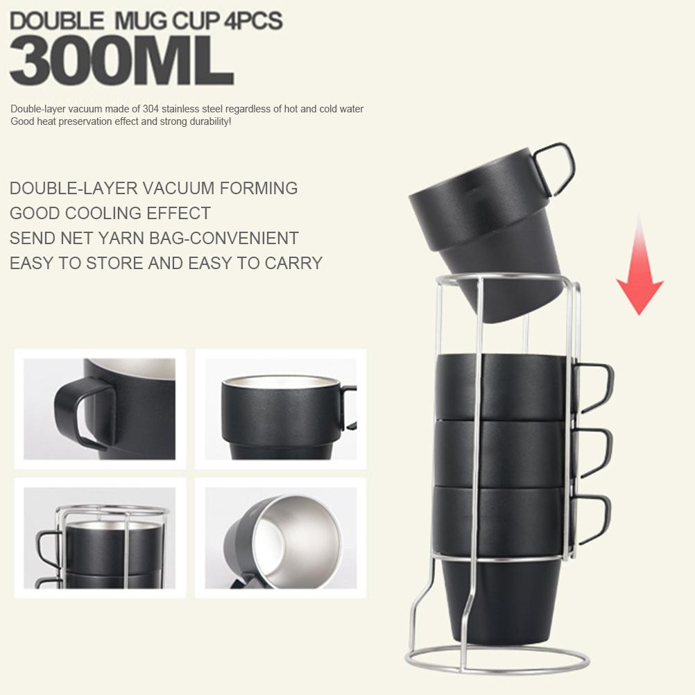 Sada 4 stohovatelných hrnků na kávu se stojanem Stohování 304 Nerezová ocel Dvojitě izolované hrnky pro