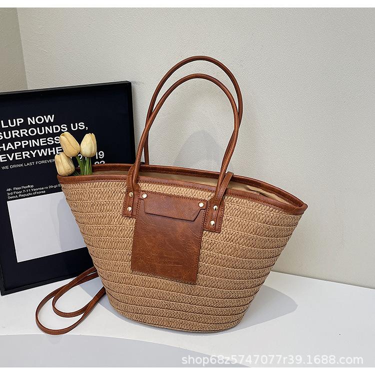 Premium Sense Large Capacity Straw Bag Women's 2025 Summer New Handbag Contrasting Color Versatile Armpit Bag