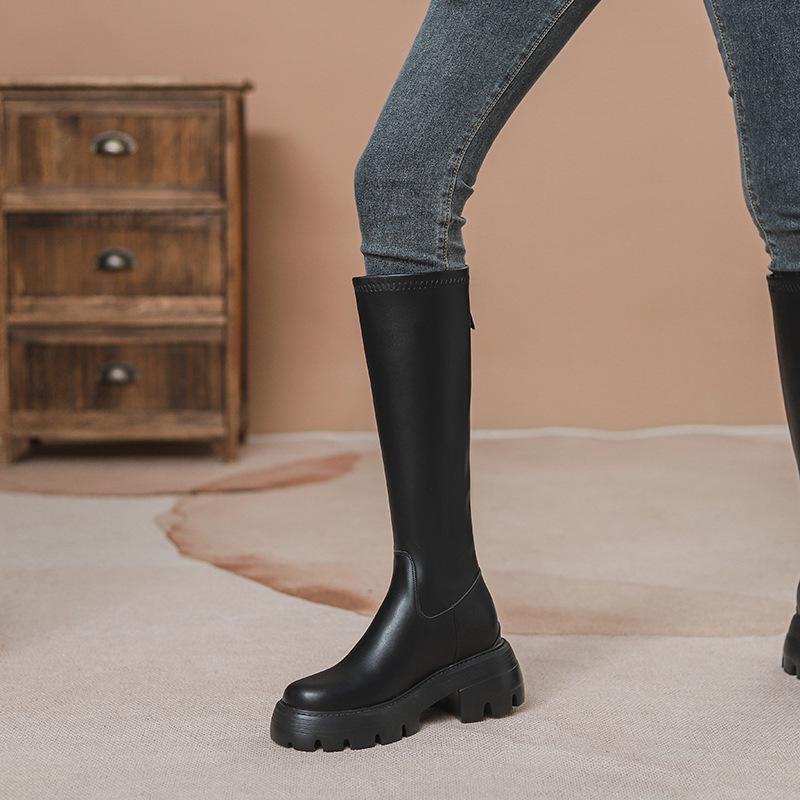 Women's Chunky Heel Long Boots with Hidden Height Increase and Round Toe - Brown, 2024 Style