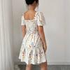 Summer New Elegant Ditsy Floral Mini Dress Square Neck Puff Short Sleeve Smocked High Waist Ruffle Tiered A-Line Casual Party Date Vacation Sundress