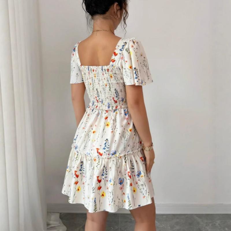 Summer New Elegant Ditsy Floral Mini Dress Square Neck Puff Short Sleeve Smocked High Waist Ruffle Tiered A-Line Casual Party Date Vacation Sundress