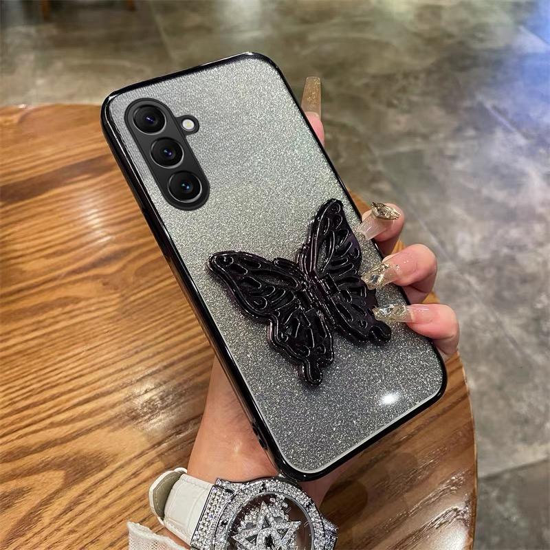 For Samsung Galaxy S25 FE / S26 FE Case with Cute Butterfly Stand Luxury Slim Gradient Clear Plating Glitter Girls