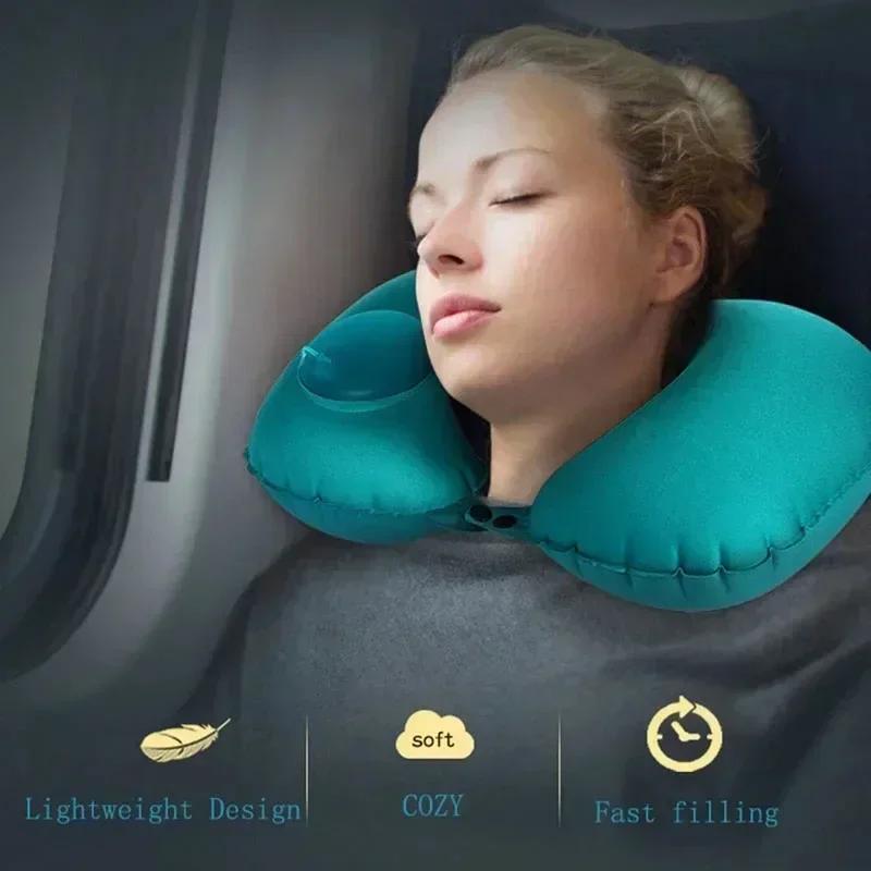 Flocking Inflatable Portable Neck Pillow That Can Be Stored And Self Filled Suitable For Outdoor Travel Business Trips Camping