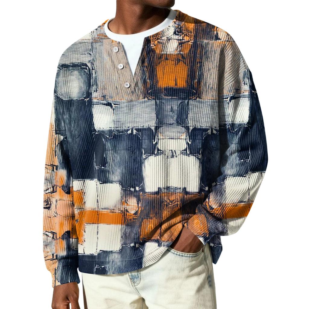 Męski sweter z dzianiny prążkowanej z długim rękawem, z kołnierzykiem zapinanym na guziki