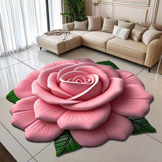 3D Rose Flower Area Rug Non-slip Washable Absorbent Plush Floor Mat Irregular Floral Carpet Indoor Living Room Bedroom Bathroom Kitchen Decoration