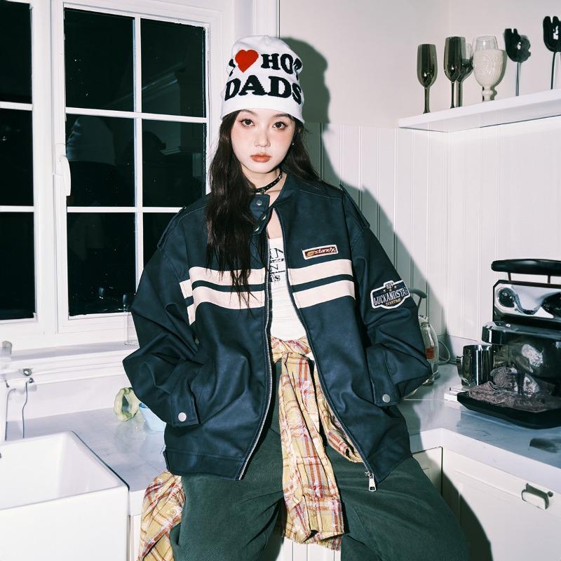 American Retro Striped Color Block Racing Leather Jacket for Men & Women - 2025 Spring Couples' Casual Trend.