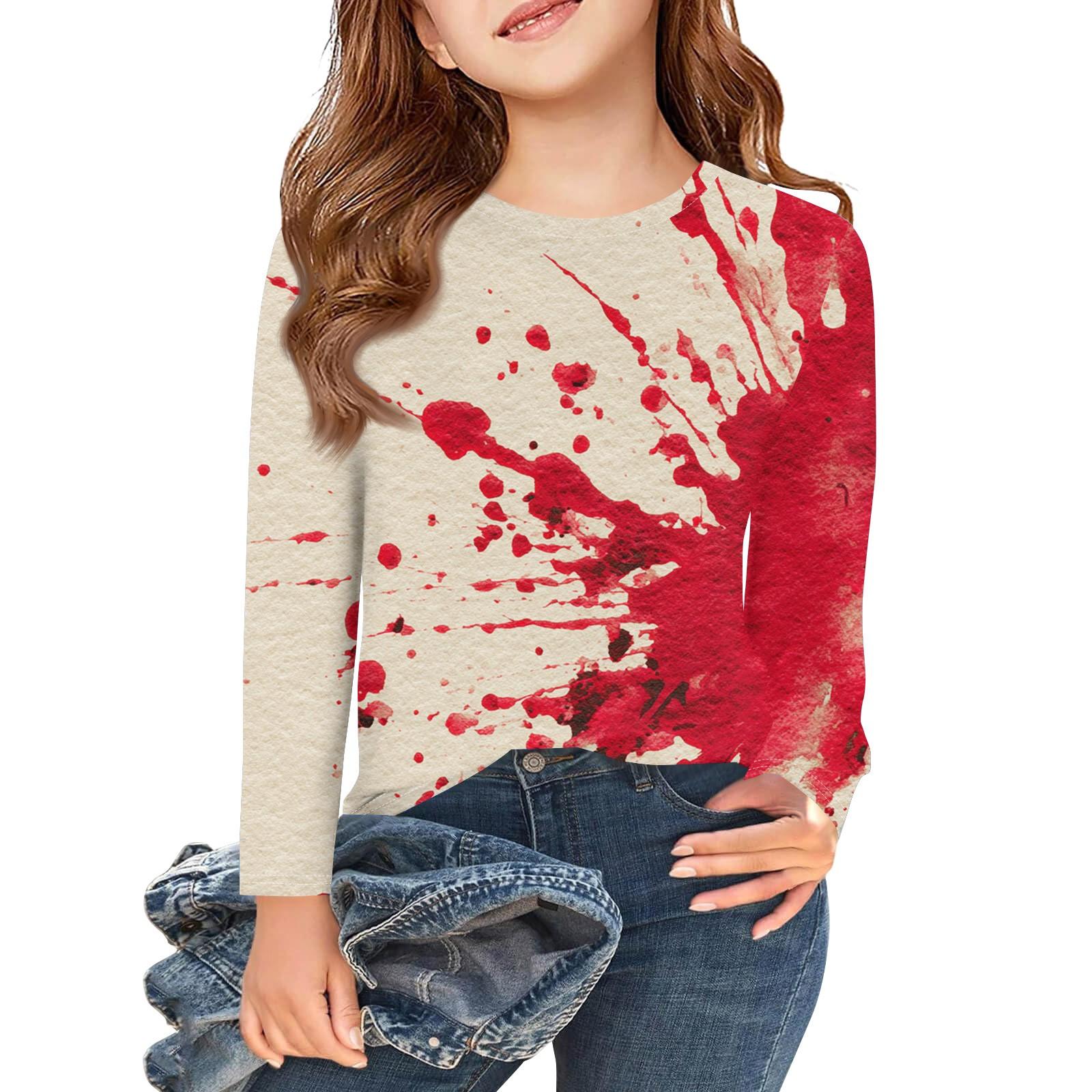 

Футболки с длинным рукавом для девочек, детские осенние топы, круглый вырез, с принтом на Хэллоуин, базовые футболки 3-9 лет 160 киноварь