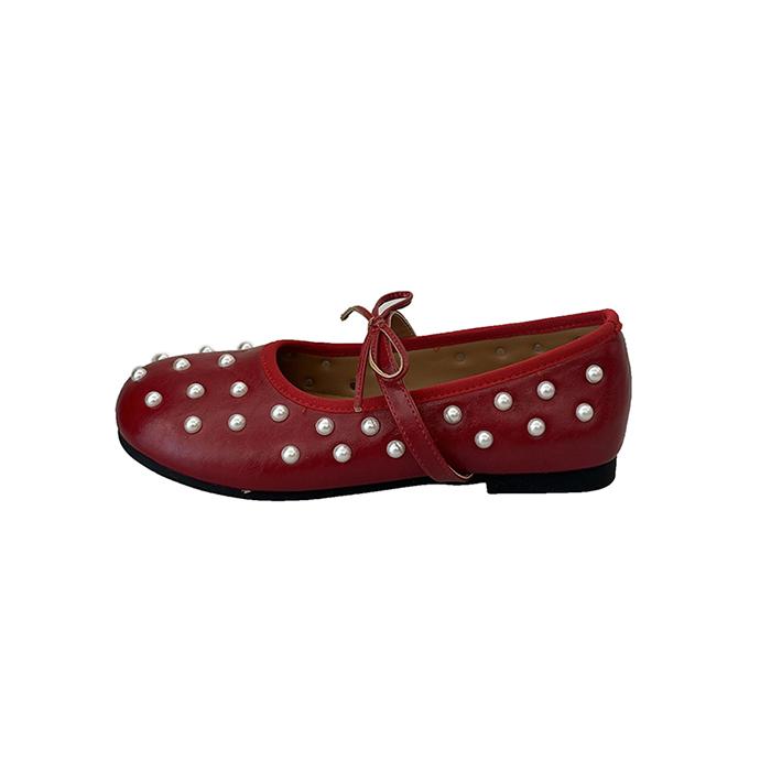 

Новые Женские Балетки Mary Jane с Одним Ремешком, Круглым Носком, Французским Жемчугом и Бантом, на Низком Каблуке 35 красный
