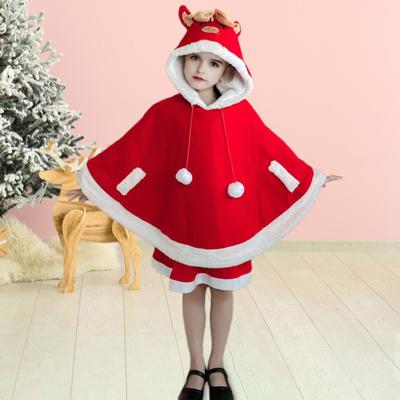 Children Christmas Cloak Hooded Drawstring Plush Ball Decor Color Matching Hooded Antler Design