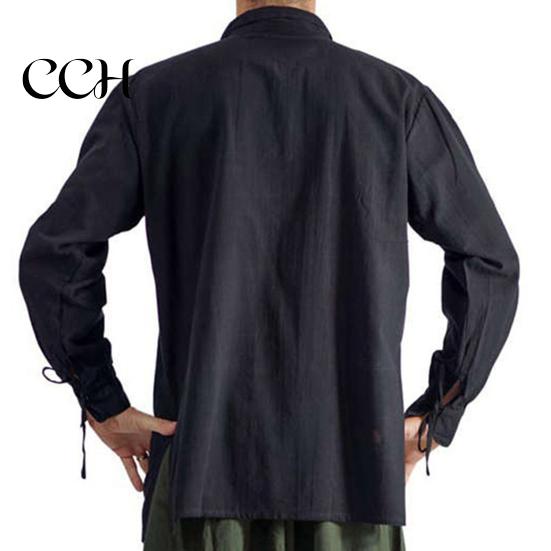 Loose Fit Pullover Shirt Adult Men Medieval Renaissance Cosplay Lapel Long Sleeve Lace-up Tops Solid Color