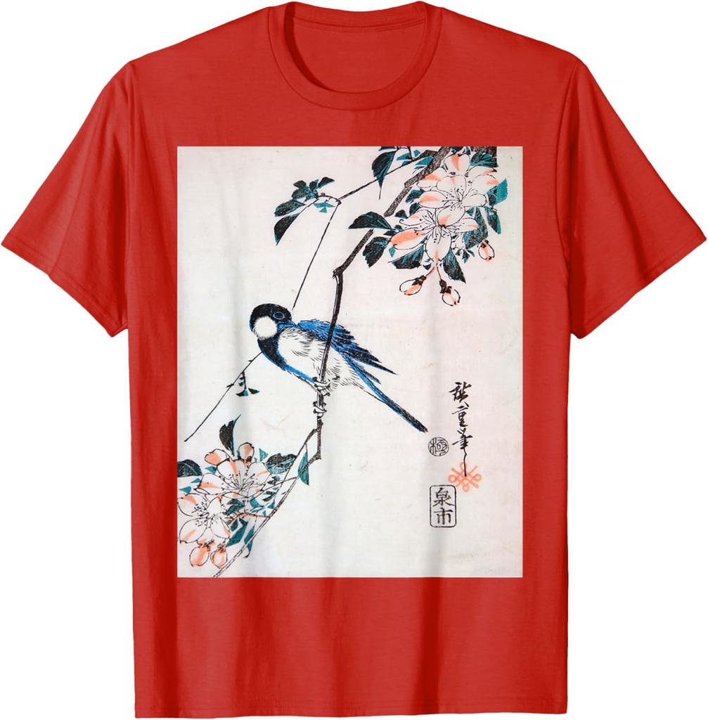 Great Titmouse on a Crab Apple Branch Utagawa Hiroshige Print Mens Casual Cotton TShirt