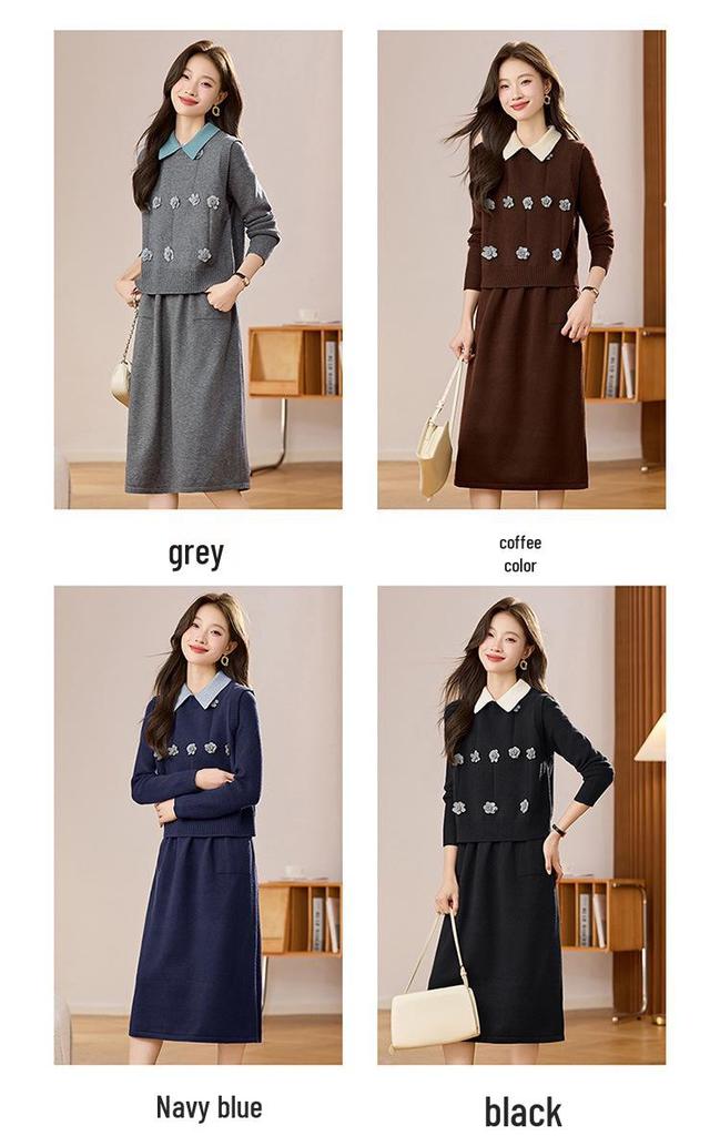 High-End Women's Knit Vest Dress Set with 3D Floral Design - Slimming Two-Piece for Fall/Winter