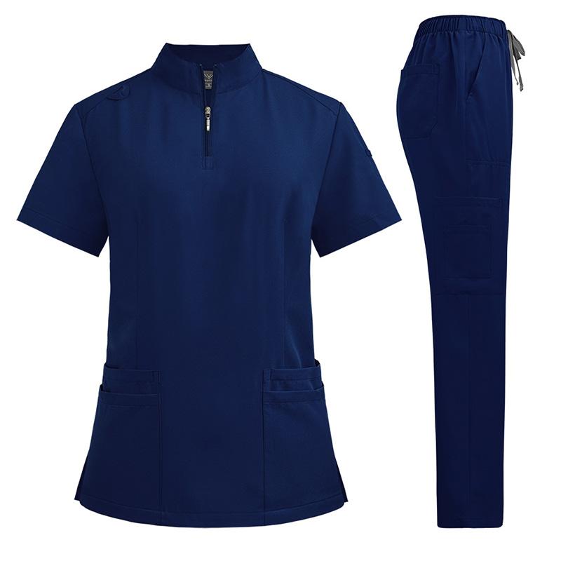 

1 комплект Медсестринская форма Салон красоты Хирургическая форма Комплекты брюк с коротким рукавом Комплект скраба для женщины Топ-Брюки M темно-синий