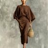 Cotton and Linen Fashion Suit, Bat Sleeve Top, Pocket Split Half-length Skirt, Two-piece Set