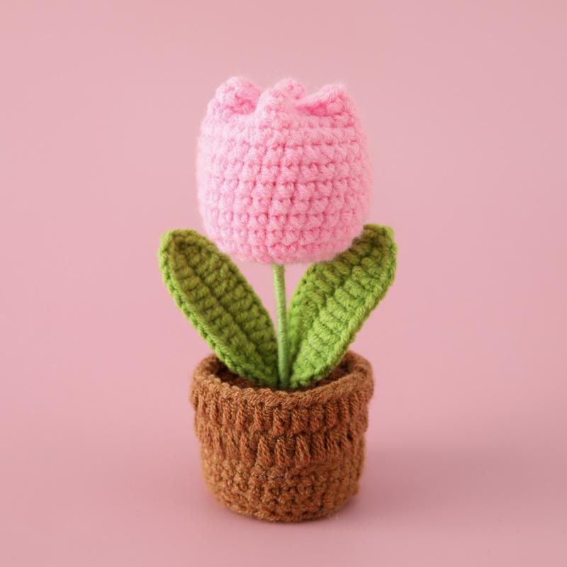 

Mini Tulips Crochet Flowers Potted Cute Knitting Flowers Table Car Decor Handmade Artificial Tulips Flores Tejidas розовый
