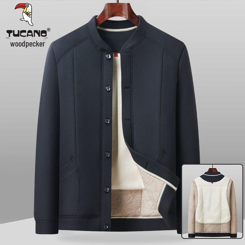 Woodpecker Men's Winter Velvet-Lined Cotton Jacket for Middle-Aged and Elderly