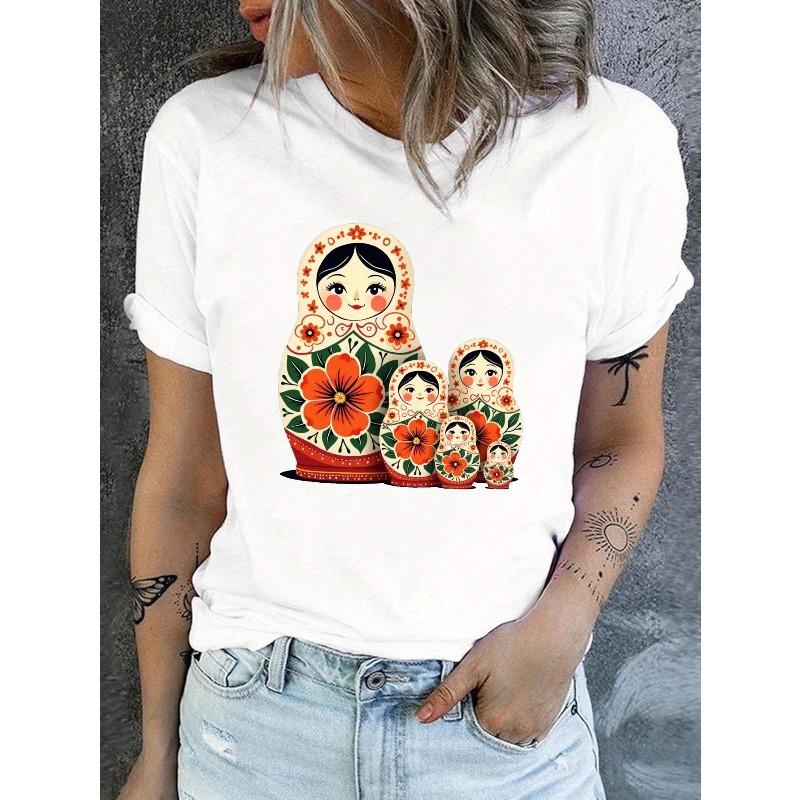 Women's Russian Nesting Dolls Print T-Shirt Casual Crew Neck Short Sleeve All-Season Top