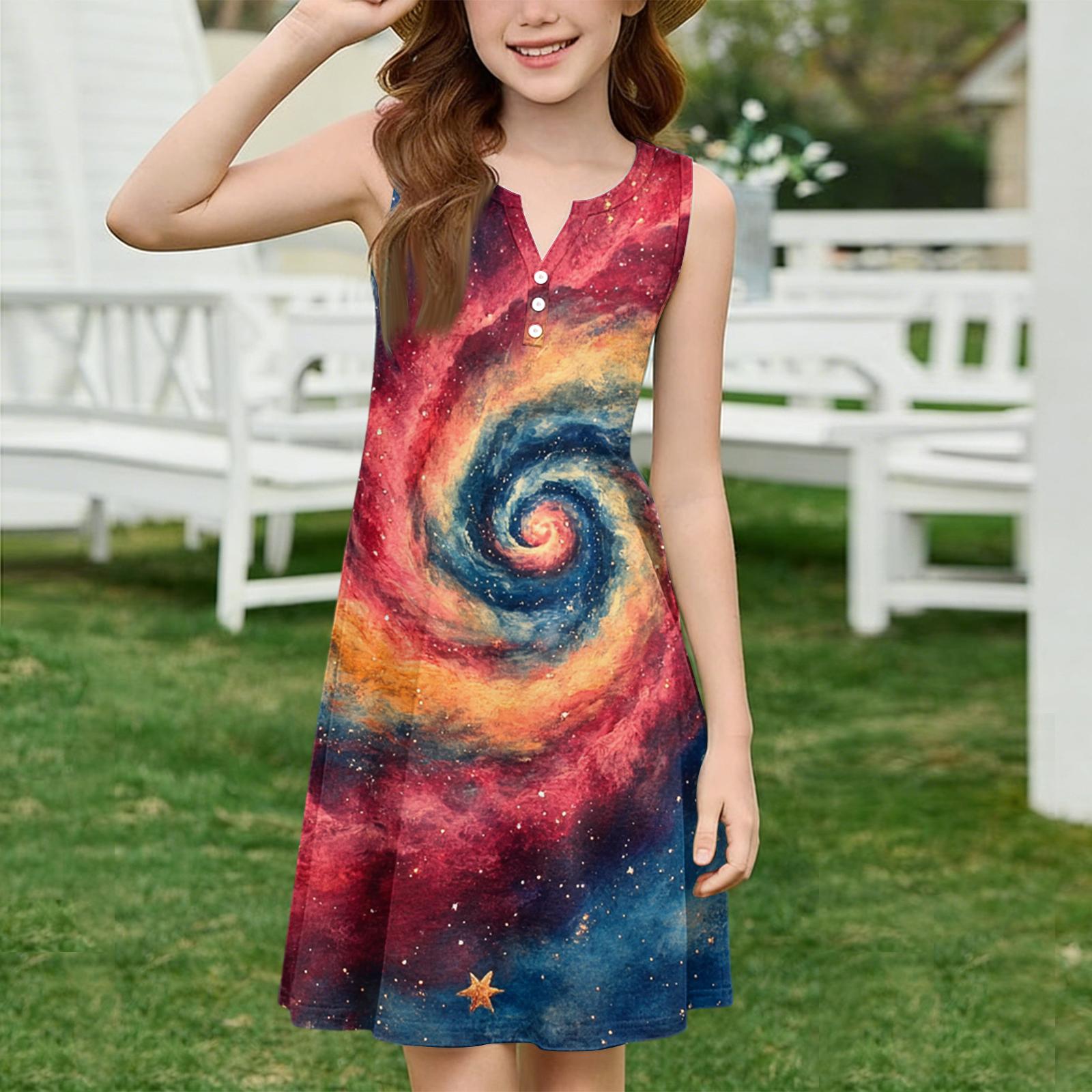 

Girl Summer Dress Color & Print Sleeveless Dress With Pocket Casual Dress Sleeveless Party Dress Independence Day 110 синий