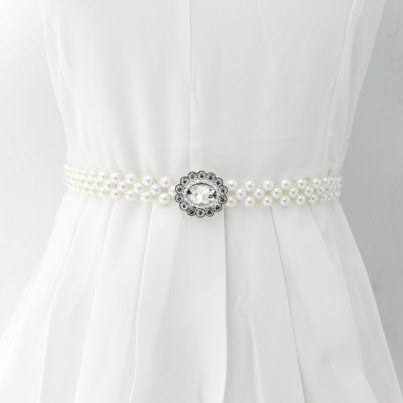 Korean Version of Women's Rhinestone Pearl Waist Chain Fashion Dress Decorative Elastic Waist Belt Women's Sweet Flower Elastic Waist Seal