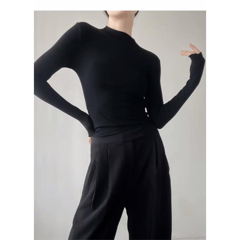 Women Half High Neck Long Sleeve Slim Cropped Solid Base T Shirt