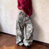 Womens Relaxed Fit Distressed Embroidered Letter Camo Denim Pants High Waist Baggy Cargo Style Streetwear
