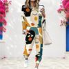 Women Plus Size Abstract Face Printed Round Neck Long Sleeve Two Piece Set Cuffed Top Cuffed Pants With Pockets