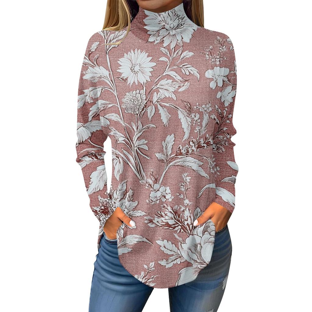 Tee Shirts For Women Fall Casual Long Sleeve Shirts Sweatshirt Vintage Printed High Neck Top Pullover