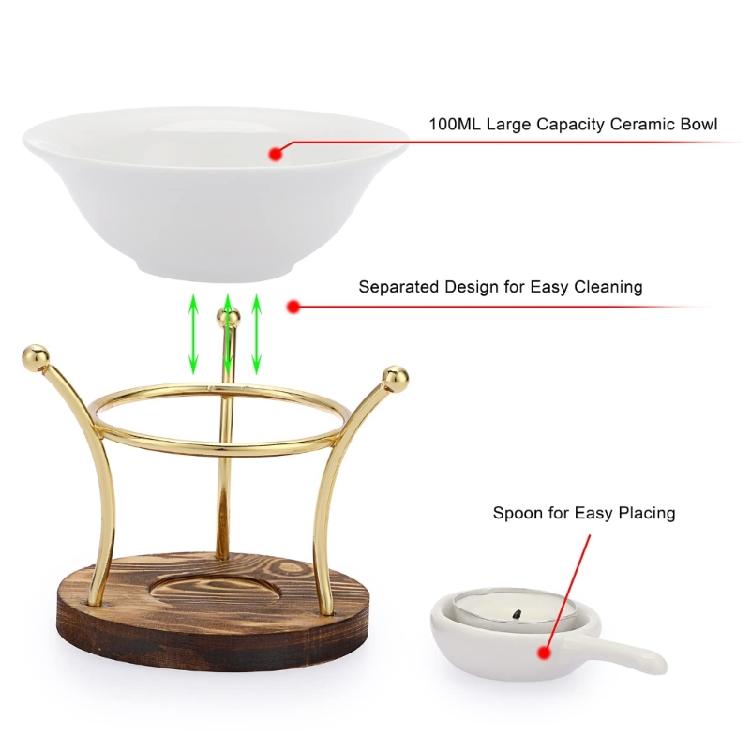 Difusor de Aceites Esenciales Cerámica Cuenco Quemadores de Cera de Aceite Calentador Portavelas de Té con Base de Madera para Decoración del Hogar