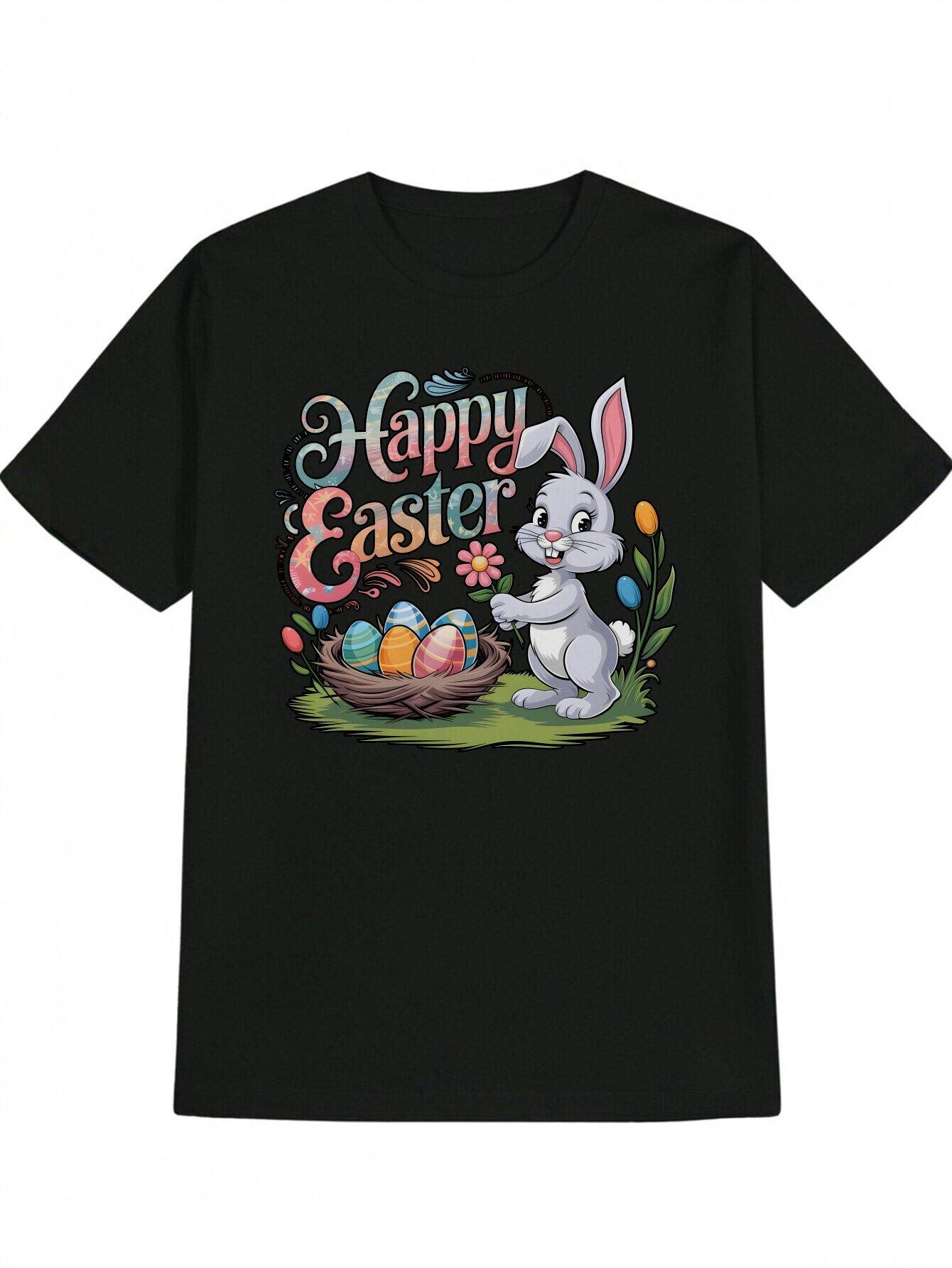 Casual Crew Neck T-shirt - Happy Easter Bunny Graphic with Colorful Eggs & Flowers S