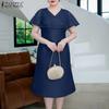 ZANZEA Elegant Women V Neck Short Sleeve Lace Patchwork Smooth A-line Dress Nonelastic