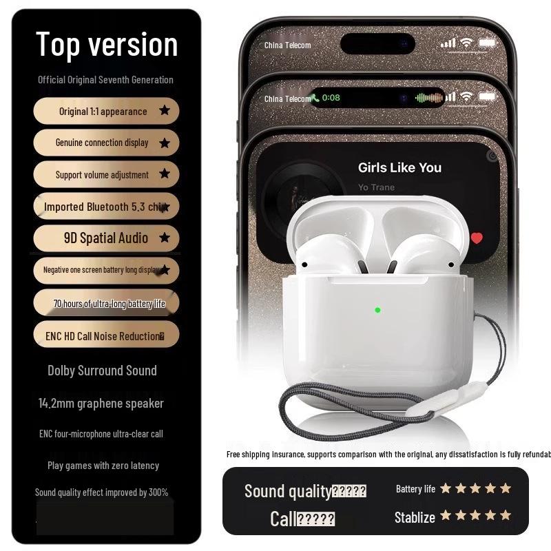 2025 Huaqiangbei 7th Gen Wireless Bluetooth Headphones: Noise-Cancelling, Original High-Quality Sound, Semi-In-Ear.