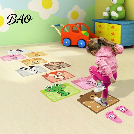 Number Hopscotch Rugs Lattice Floor Stickers, 1-10 Game Decals, Removable Indoor Hopping Tiles Cartoon Animals Wall Decals for Classroom School