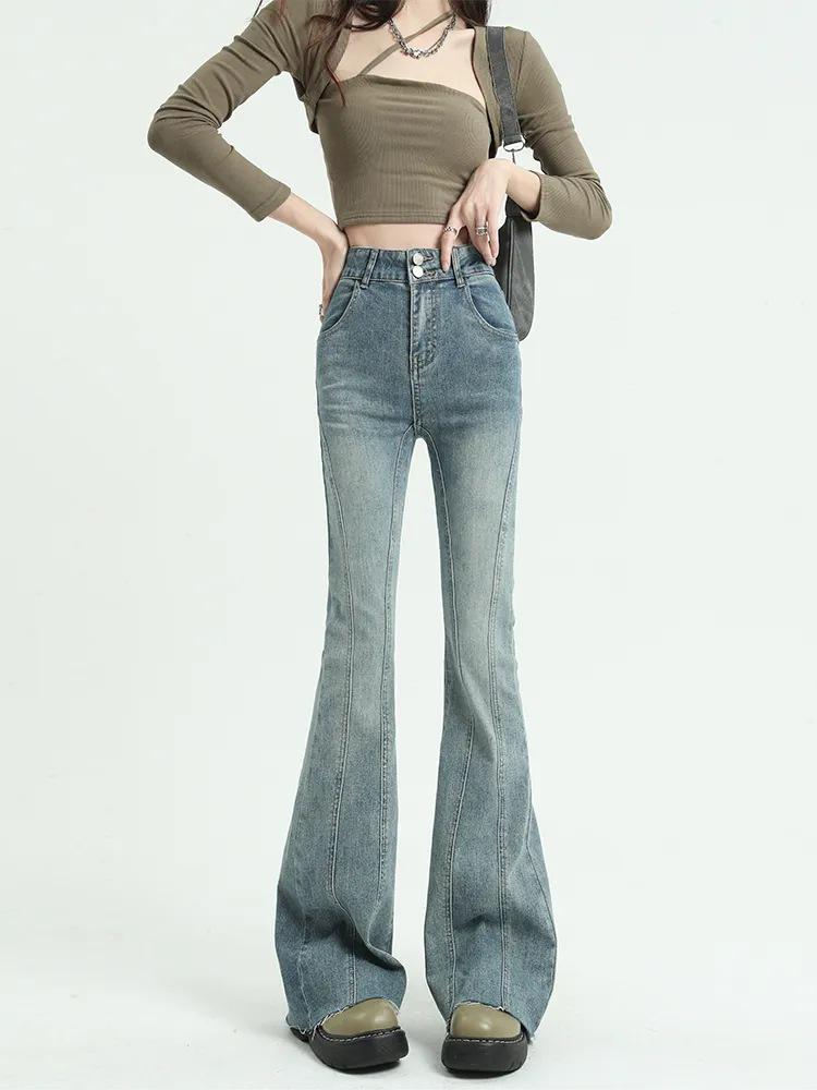 

Джинсы клеш в стиле ретро 2025 нового фасона: Потертый пэчворк, приталенный силуэт L светло-синий