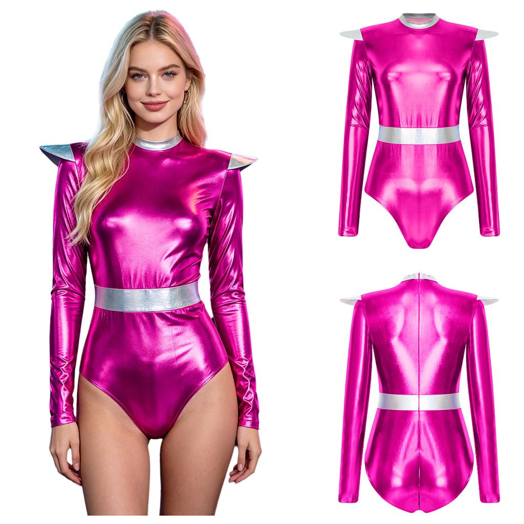 Rollkragen Langarm Metallisch Farbblock Body Unsichtbarer Reißverschluss Hinten Trikot Damen Alien Cosplay Bühnenperformance Kostüm