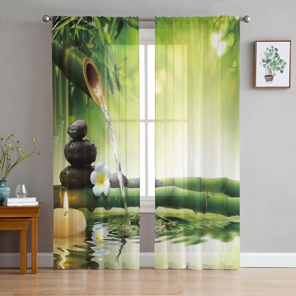 Zen Stein Grüner Bambuswald Wasser Chiffon Transparente Vorhänge für Wohnzimmer Schlafzimmer Dekoration Fenster Voiles Tüll Vorhang Drapierungen