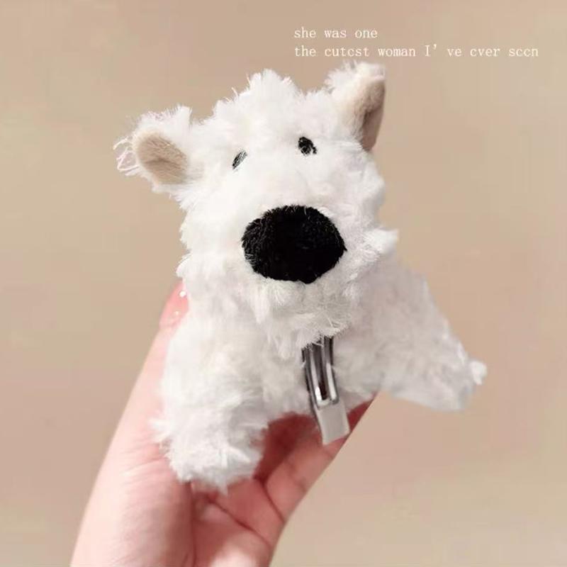 

Large white plush dog clip cartoon bangs, side clip trendy toy doll machine store, soft and cute doll