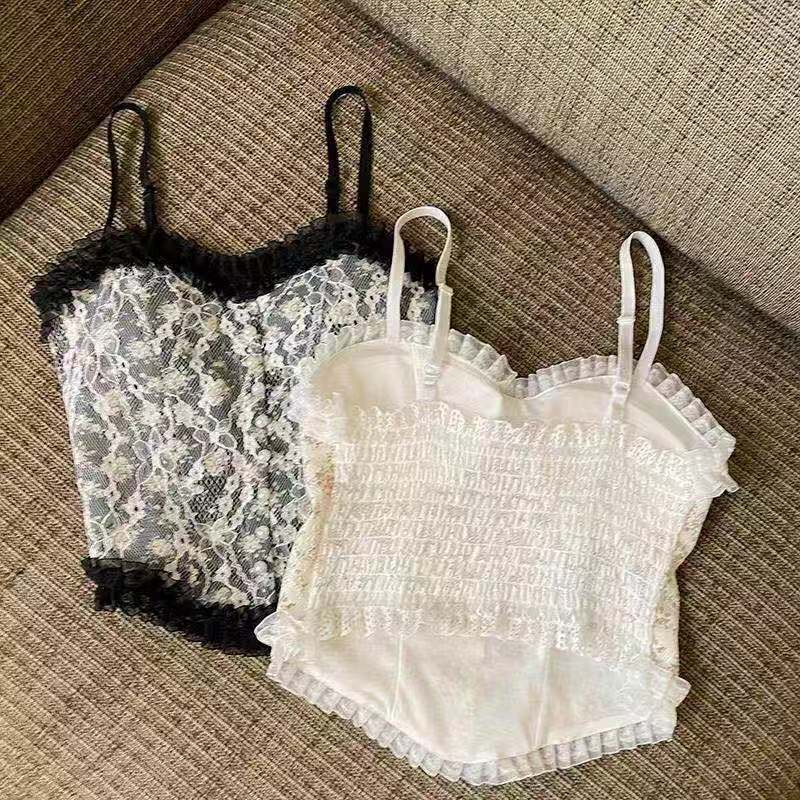 Sommer Französisch Druck Spitze Cami Crop Tank Top Pullover frauen Rohr Top Elegante Dünne Kurze Tanks Weste Y2K Streetwear mode