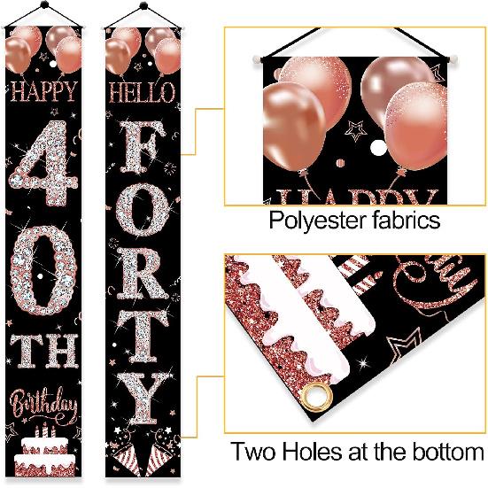 40th Birthday Door Banner Decorations for Women, Rose Gold Happy 40th Birthday Hello Forty Porch Sign Party Supplies, 40 Year Old Bday for Indoor