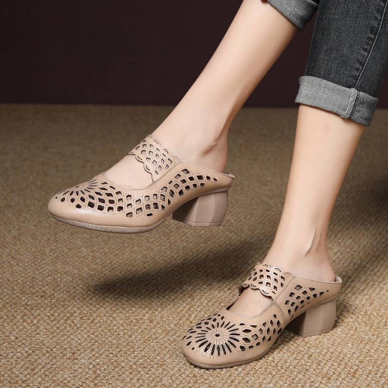 

Новые летние ретро-босоножки с полым каблуком и толстой подошвой, из дышащей коровьей кожи первого слоя, женские шлепанцы на одном ремешке 41 абрикосовый