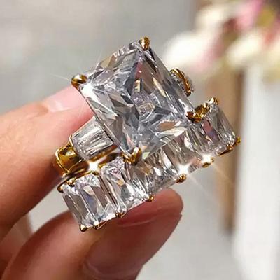 Anello, Set Nuziale da Donna Deluxe Seiko Taglio Smeraldo, Anello di Tendenza per Donna