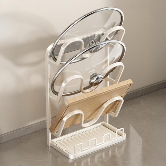 Pot Lid Storage Rack Pot Lid Holder with Spoon Rest While Cooking Carbon Steel Pan Lid Organizer with Removable Drip Tray for Kitchen Cabinets