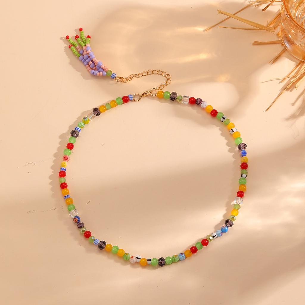 Bohemian Rainbow Millefiori Glass Beaded Choker Necklace Women Colorful Tassel Bead Adjustable Necklaces